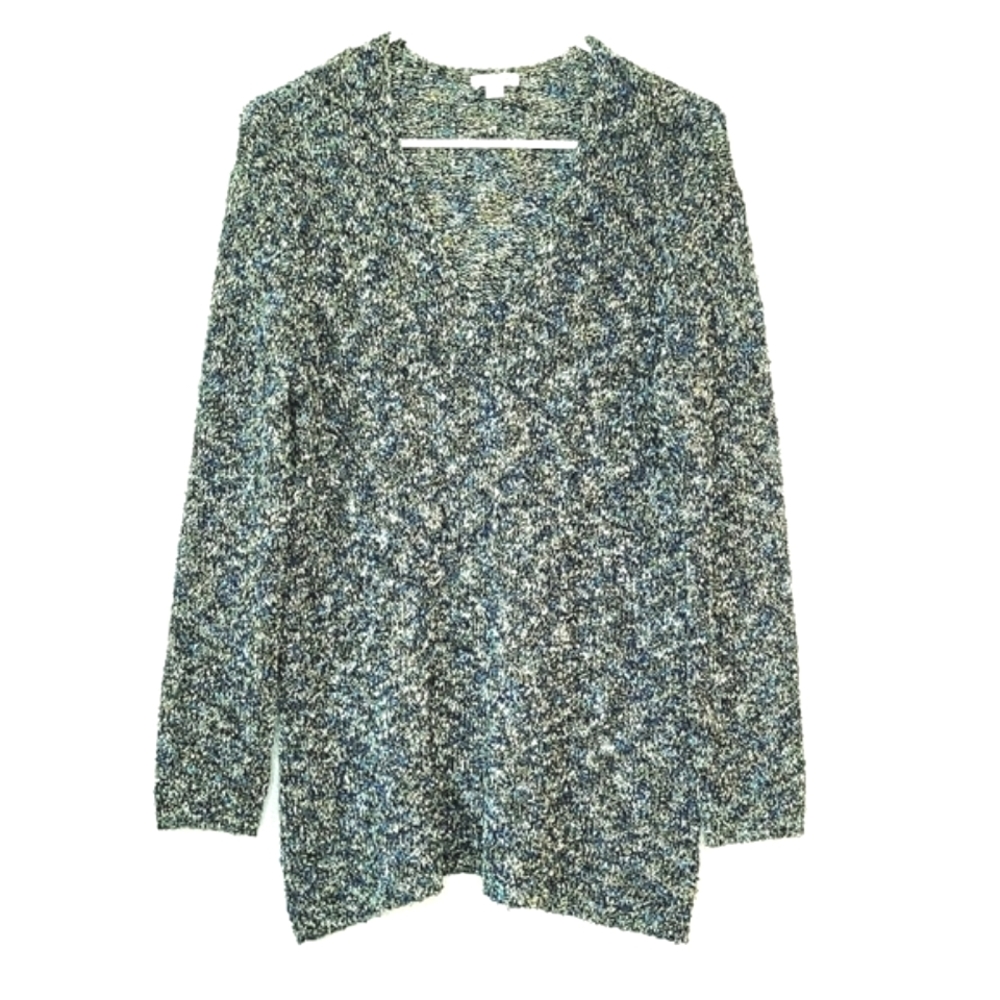 J. Jill Chunky Knit V Neck Sweater Womens Size S Textured Blue Gree Long Sleeve